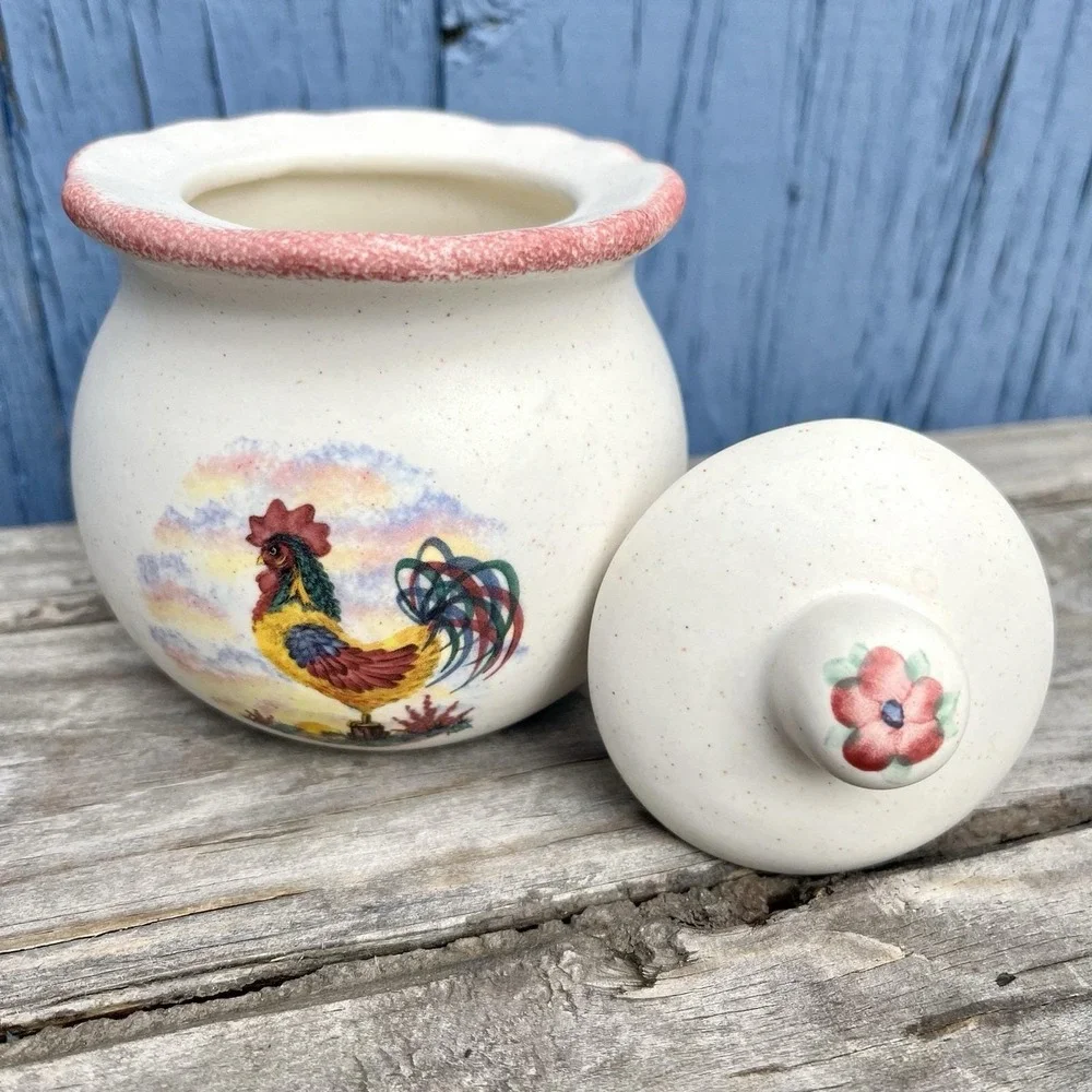 Vintage Rooster Creamer & Sugar Bowl Set Country Farmhouse Noel Pie Plate USA